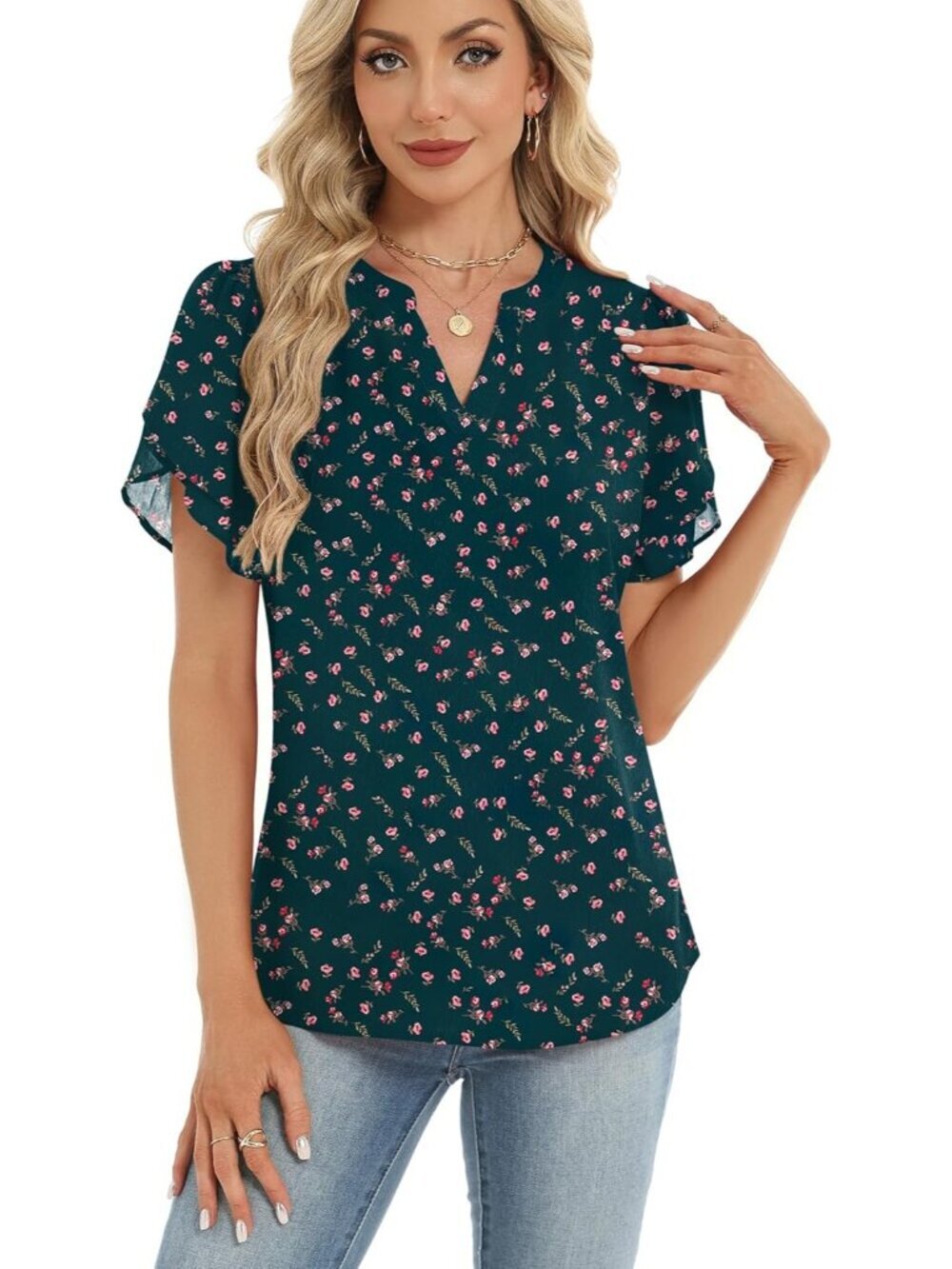 Women's Dark Green Floral Short Sleeve V Neck Imported Casual Blouse Tops Shirts - Picture 5 of 6